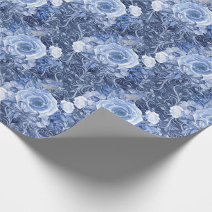 Navy Blauw en Witte Roos Bloemen Cadeaupapier