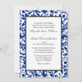 Navy Blauw en Zwart Swirl Damask Bruiloft Kaart (Voorkant)