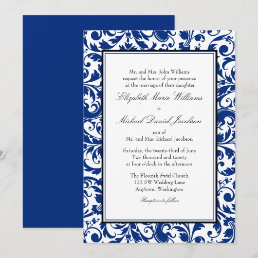 Navy Blauw en Zwart Swirl Damask Bruiloft Kaart (Voorkant / Achterkant)