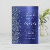 Navy Blauw Geborsteld Metaal Glitter Script Bruilo Kaart (Staand voorkant)