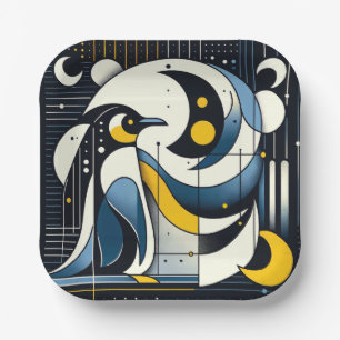 Navy Blauw Geometrisch Abstract Pinguïn Art Papieren Bordje