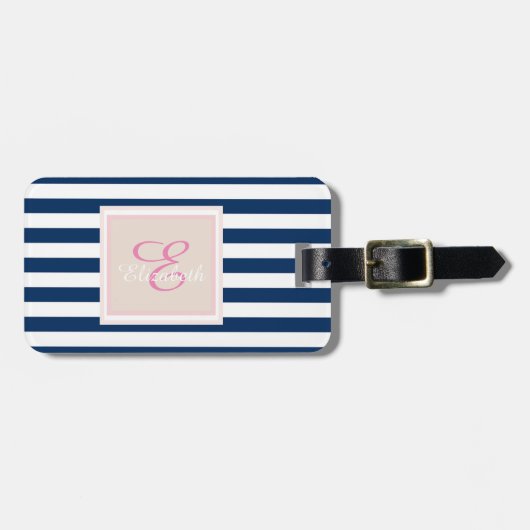 Navy-blauw gestreepte Monogram-personalisatie Bagagelabel (Voorkant horizontaal)