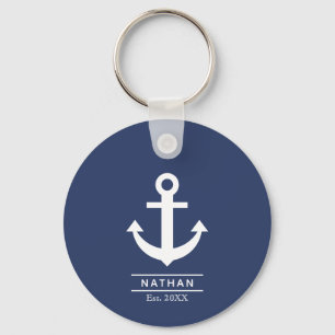 Navy blauw gewassen anker aangepaste monogram naam sleutelhanger