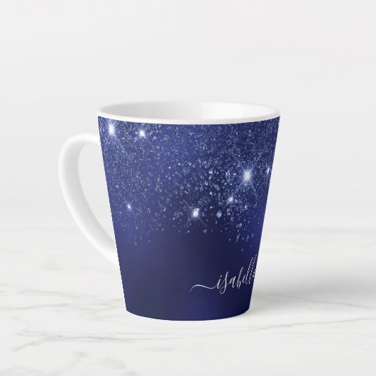 Navy blauw glitter naam script latte mok (Linkerhoek)