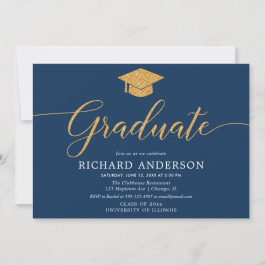 Navy blauw goud afstudeerfeest Afstuderen Kaart (Voorkant)