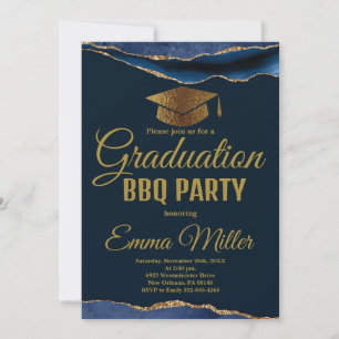 Navy Blauw & Goud Afstuderen BBQ Party Kaart