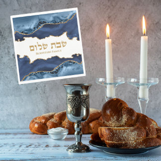 Navy Blauw Goud Agaat Marmer Joodse Shabbat Shalom Servet