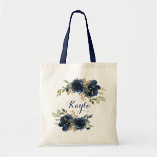 Navy Blauw Goud Bloemen Bladgroen Tote Bag