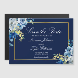 Navy Blauw Goud Bloemen Elegante Winter Save the D Magnetische Uitnodiging