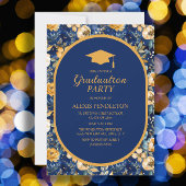 Navy Blauw Goud Bloemen High School Afstuderen Cap Kaart