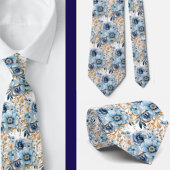 Navy Blauw Goud Bloemen Waterverf Bloemen Trouwen Stropdas