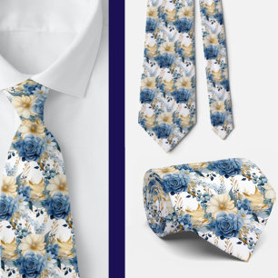 Navy Blauw Goud Bloemen Waterverf Bloemen Trouwen Stropdas