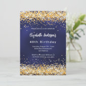 Navy blauw goud confetti premium verjaardag kaart (Staand voorkant)