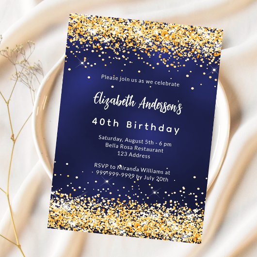 Navy blauw goud confetti premium verjaardag kaart