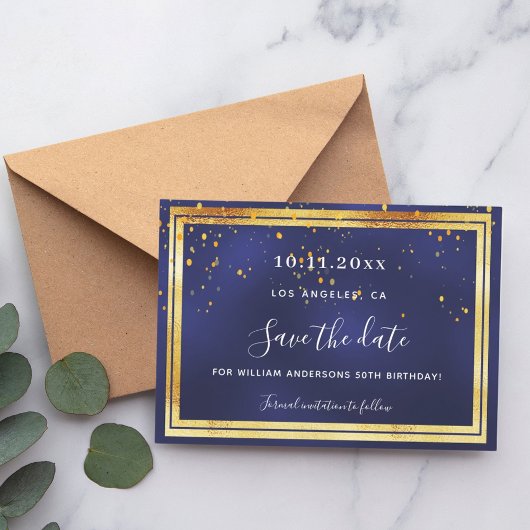 Navy blauw goud confetti verjaardag save the date