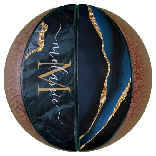 Navy Blauw Goud Custom Letter Naam Basketbal (Verticaal)