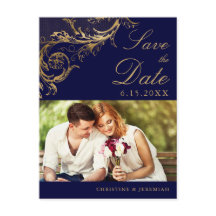 Navy Blauw Goud Damask Foto Save the Date