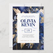 Navy blauw & goud elegante bruiloft bloemenversier kaart (Voorkant)