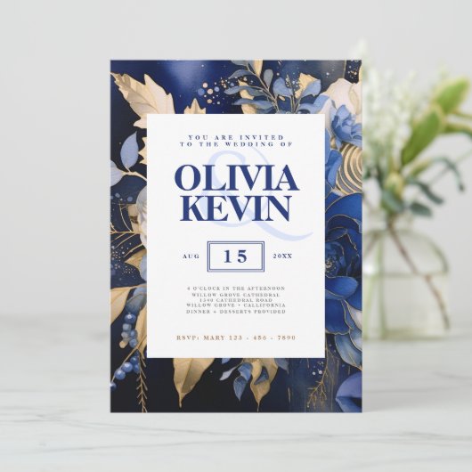 Navy blauw & goud elegante bruiloft bloemenversier kaart (Staand voorkant)