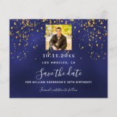 Navy blauw goud foto verjaardag save the date flyer (Voorkant)