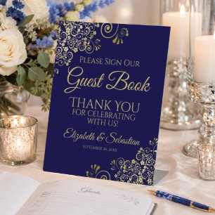 Navy Blauw & Goud Gelieve Ons Gastenboek Te Ondert Reclamebord Met Voetstuk