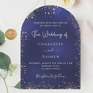 Navy blauw goud glitter trouwboog kaart