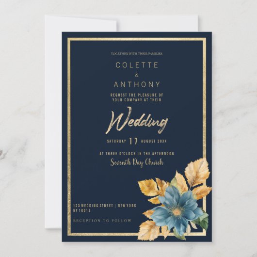 Navy blauw goud groen elegant bloemenbruiloft lijs kaart (Voorkant)