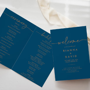 Navy Blauw Goud Klassieke Gevouwen Bruiloft Programma