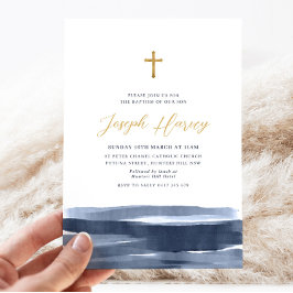 Navy Blauw Goud Kruis Jongens Doop Doop Kaart