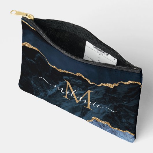 Navy Blauw Goud Marmer Custom Letter en Naam Etui (Open)