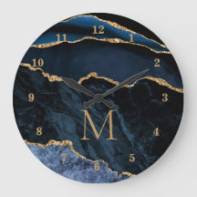 Navy Blauw Goud Marmer Custom Letter Wandklok