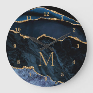 Navy Blauw Goud Marmer Custom Letter Wandklok Grote Klok