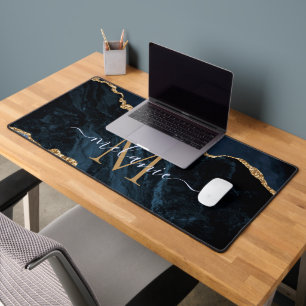 Navy Blauw Goud Marmer Custom Naam Letter Desk Mat