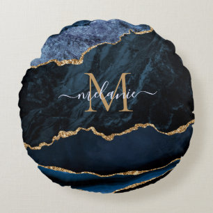 Navy Blauw Goud Marmer Gepersonaliseerd Rond Kusse Kussen