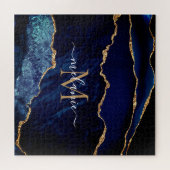 Navy Blauw Goud Marmer Monogram Naam Puzzel Gift (Horizontaal)