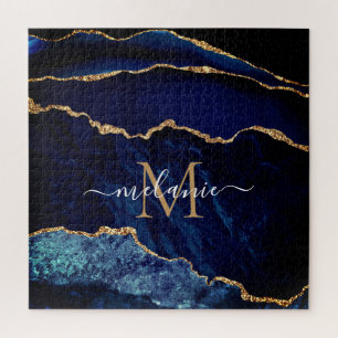 Navy Blauw Goud Marmer Monogram Naam Puzzel Gift