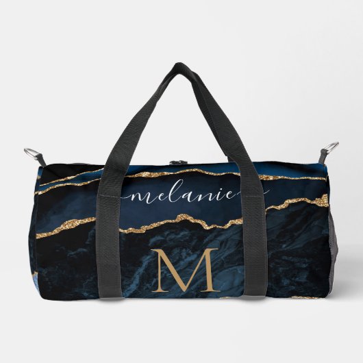 Navy Blauw Goud Marmeren Monogram Aangepaste Jouw  Plunjezak (Voorkant)