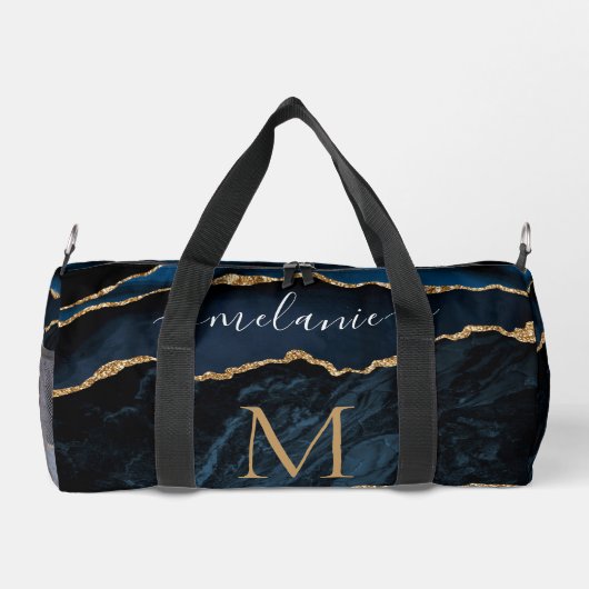 Navy Blauw Goud Marmeren Monogram Aangepaste Jouw  Plunjezak (Achterkant)