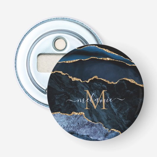 Navy Blauw Goud Marmeren Naam Letter Fles Opener (Voorkant)