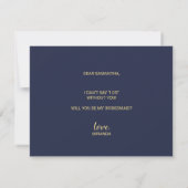 Navy Blauw Goud Modern Script Bruidsmeisje Voorste Kaart (Achterkant)