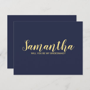 Navy Blauw Goud Modern Script Bruidsmeisje Voorste Kaart