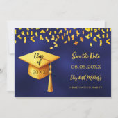 Navy blauw goud pet confetti Graduation Party Save The Date (Voorkant)