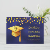 Navy blauw goud pet confetti Graduation Party Save The Date (Staand voorkant)
