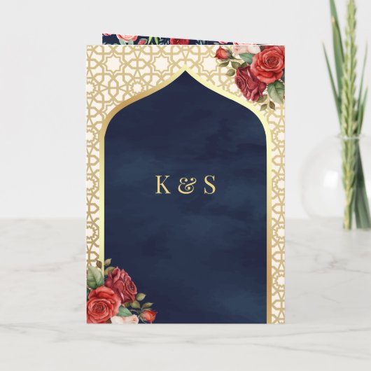 Navy Blauw Goud Rood Bloemen Alles in Een Sikh Bru (Achterkant)