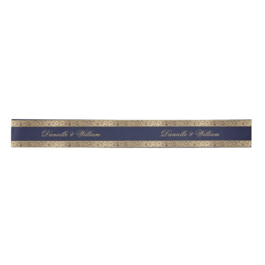 Navy Blauw  Goud Rozen Kalligrafie Bruiloft Lint (Voorkant)
