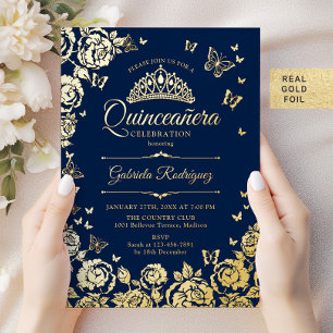 Navy Blauw Goud Rozen Vlinders Quinceanera Folie Uitnodiging