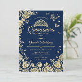 Navy Blauw Goud Rozen Vlinders Quinceanera Kaart (Staand voorkant)