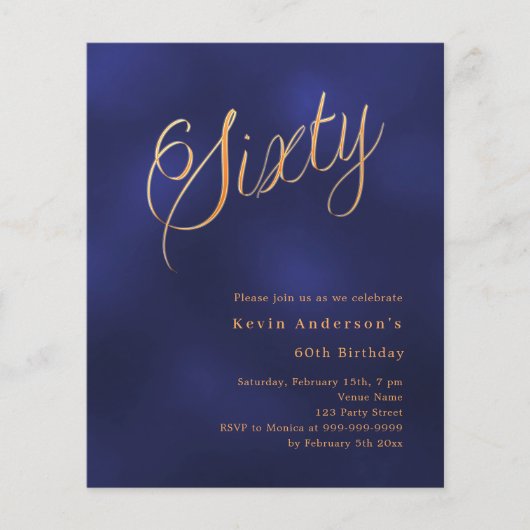 Navy blauw goud script 60e verjaardag uitnodiging (Voorkant)