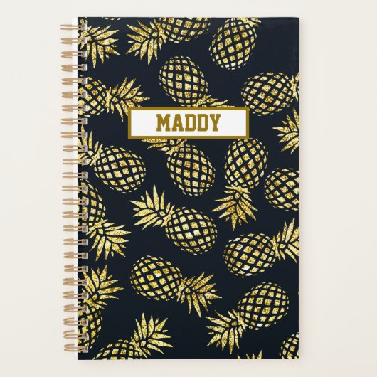 Navy Blauw Gouden Ananas Gepersonaliseerd Jaarlijk Planner (Voorkant)
