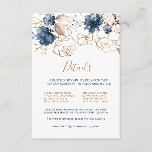 Navy blauw & gouden rozen Wedding Details Informatiekaartje (Voorkant)